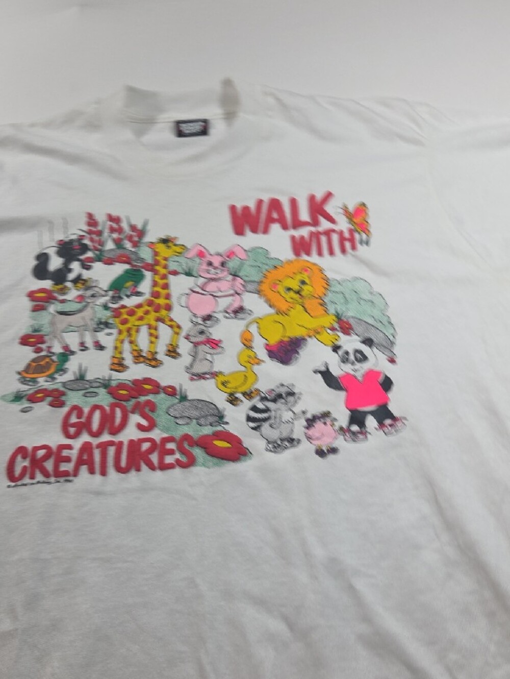 Vintage 1990 Puffy Paint Shirt Screen Stars White Tee Colorful Animal - Picture 8 of 8